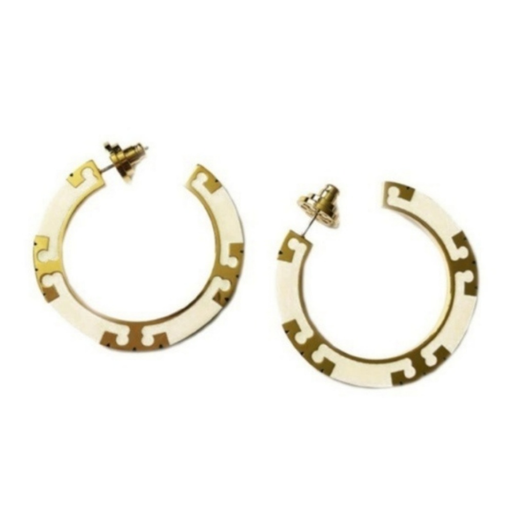 NWT TORY BURCH T-STRIPE IVORY GOLD HOOP EARRINGS - Picture 7 of 7
